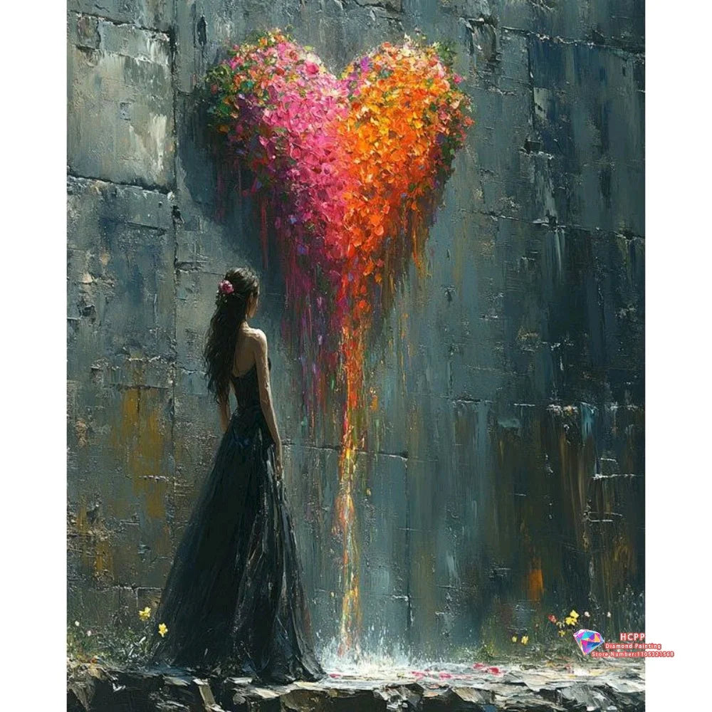 A painting of a woman with dark hair standing in front of a textured gray wall, illuminated by a vibrant heart shape of pink 