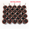 A set of ten red ring wheels used for model cars, showing the wheels and tires.