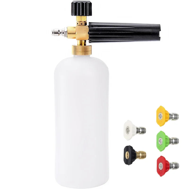 A white high-pressure foam cannon with a black handle and five brass nozzles displayed against a white background.
