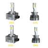 Four versions of LED headlight bulbs D1S, D2S, D3S, and D4S shown side by side.