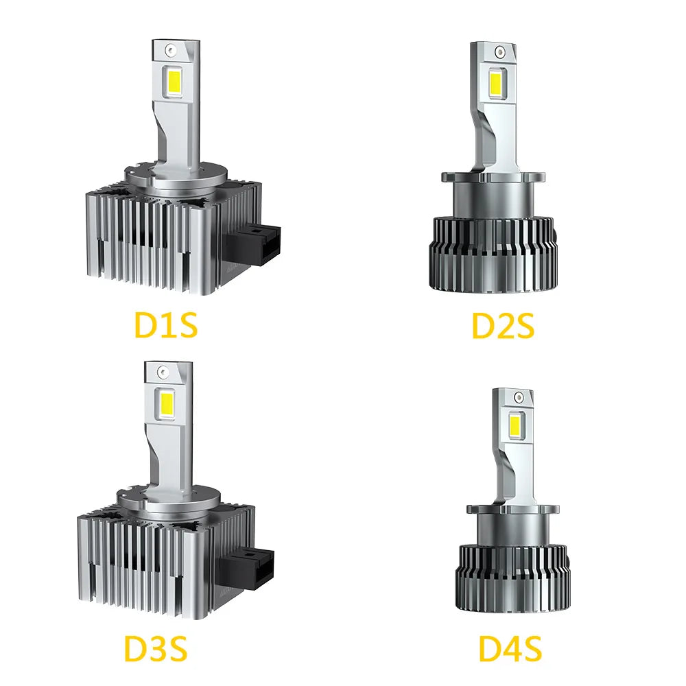 Four versions of LED headlight bulbs D1S, D2S, D3S, and D4S shown side by side.