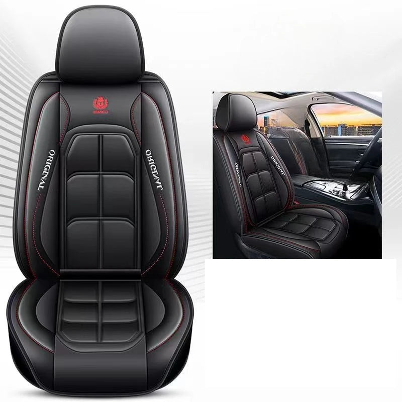 Black leather car seat cover with red stitching and embossed design shown in a close-up view.
