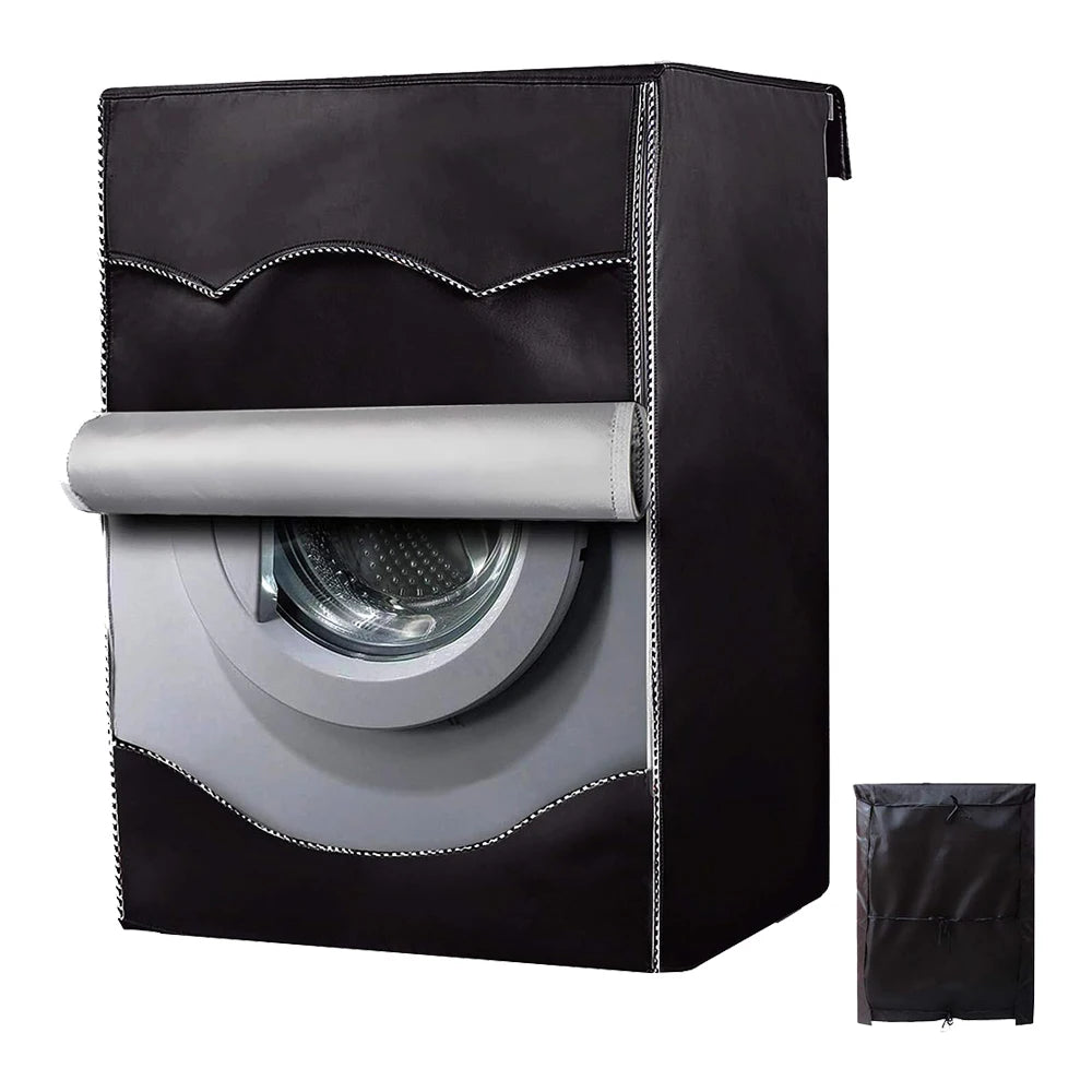 Black waterproof washing machine cover with a silver sun protection roll visible.