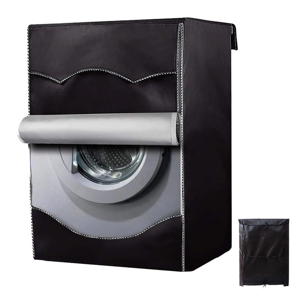 Black waterproof washing machine cover with a silver sun protection roll visible.