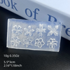 A clear silicone mold with multiple floral shapes for nail art, shown next to product dimensions.