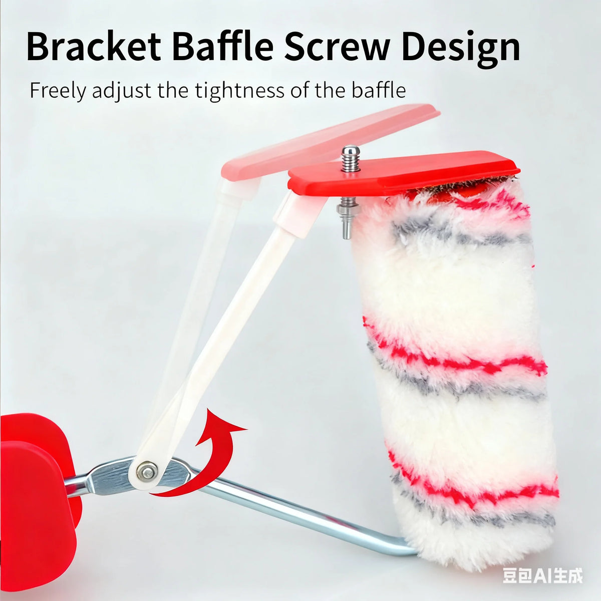A red paint edger roller with a bracket baffle screw design is shown adjusting the tightness of the baffle.