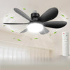 A black LED ceiling fan light is mounted on the ceiling, with a white remote control visible on the right.