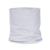 A light gray, knitted neck warmer or scarf rolled into a cylinder.