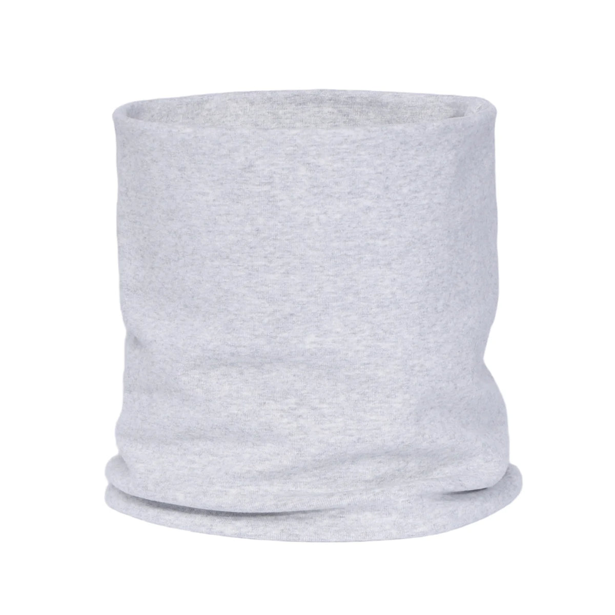 A light gray, knitted neck warmer or scarf rolled into a cylinder.
