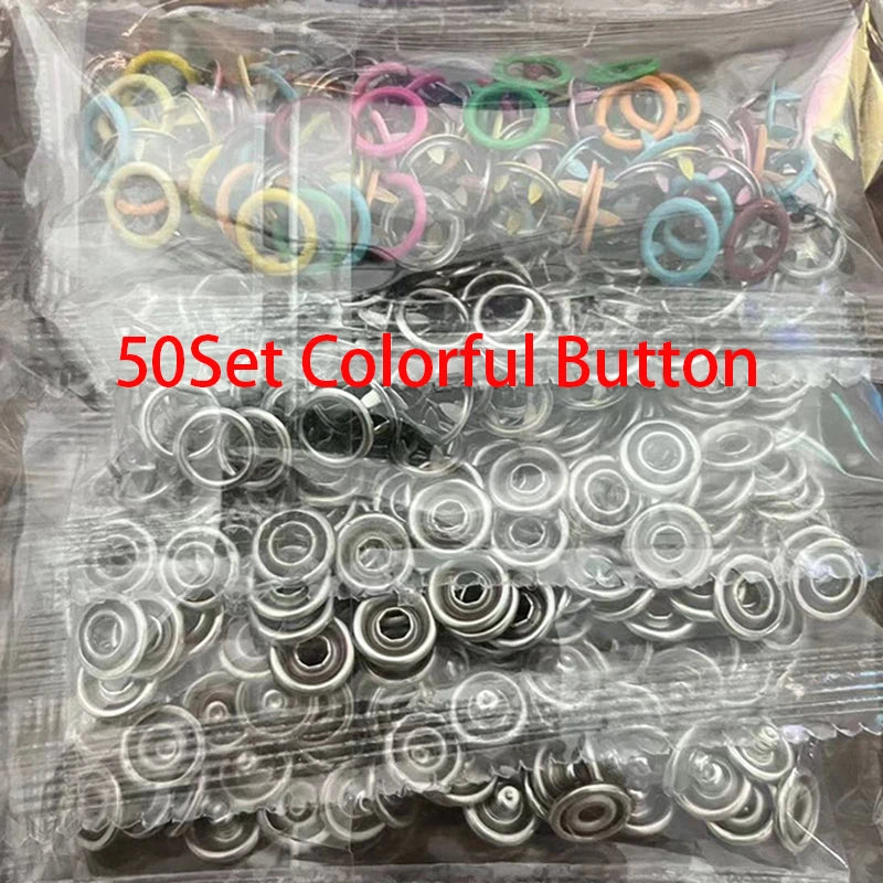 A clear plastic bag containing a 50 set of colorful and silver metal buttons for clothing and DIY projects.