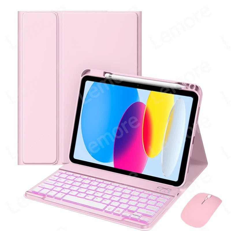 A pink iPad keyboard case with a built-in keyboard and a pencil holder is shown on a white background.