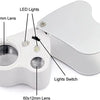 A white dual-magnification LED loupe with a foldable design showing two lenses and a lights switch.