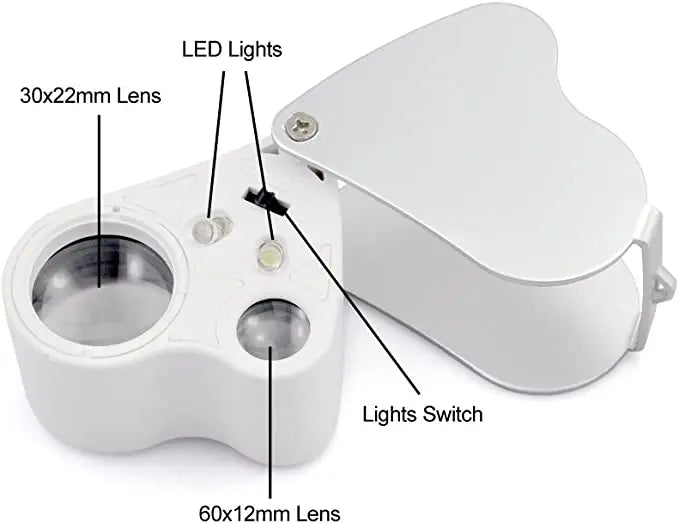 A white dual-magnification LED loupe with a foldable design showing two lenses and a lights switch.