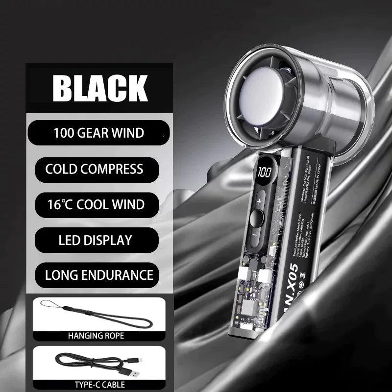A black portable rechargeable handheld fan with an LED display and accessories shown against a dark background.