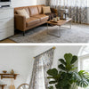 A close-up of a cotton-linen retro floral curtain with tassels hanging in a bright room.