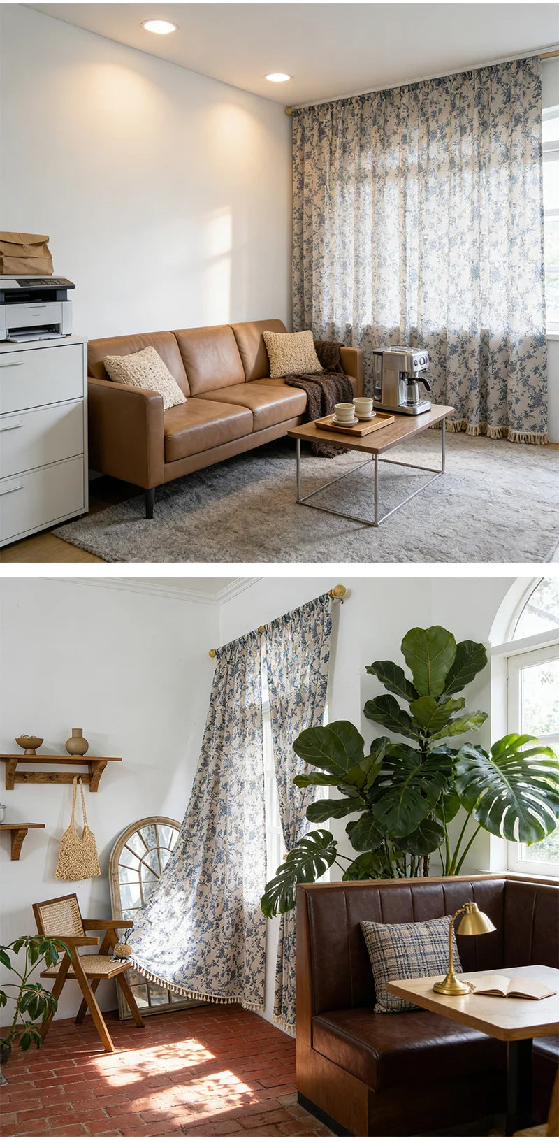 A close-up of a cotton-linen retro floral curtain with tassels hanging in a bright room.