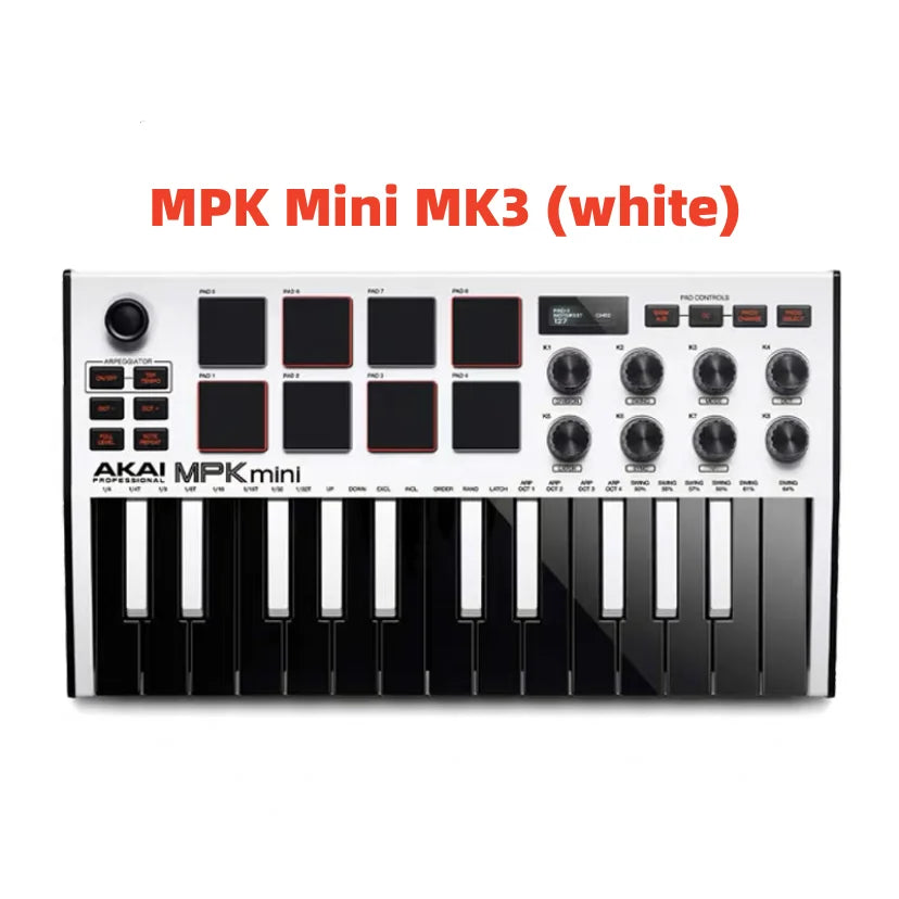 White AKAI MPK Mini MK3 professional MIDI keyboard controller with keys, pads, and knobs.