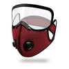 A red reusable cycling face mask with a clear shield and black accents.