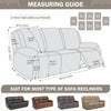 Measuring guide for an 8 piece reclining slipcover showing dimensions and fit for various sofa recliners.