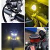 Close-up view of a motorcycle LED projector headlight with dual-color beam and mounting hardware.