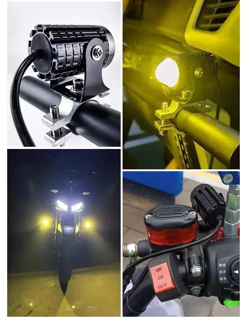 Close-up view of a motorcycle LED projector headlight with dual-color beam and mounting hardware.