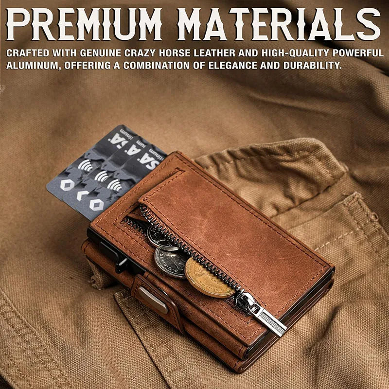 A brown leather card holder wallet with a silver zipper and metal accents resting on a tan fabric background.