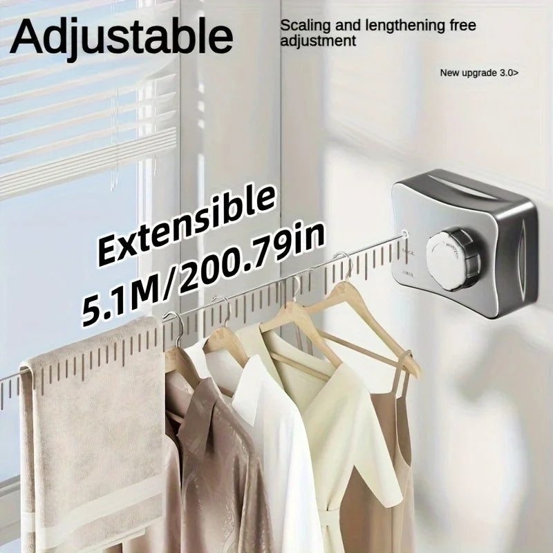Adjustable extendable stainless steel clothesline with a scale showing 5.1M/200.79in