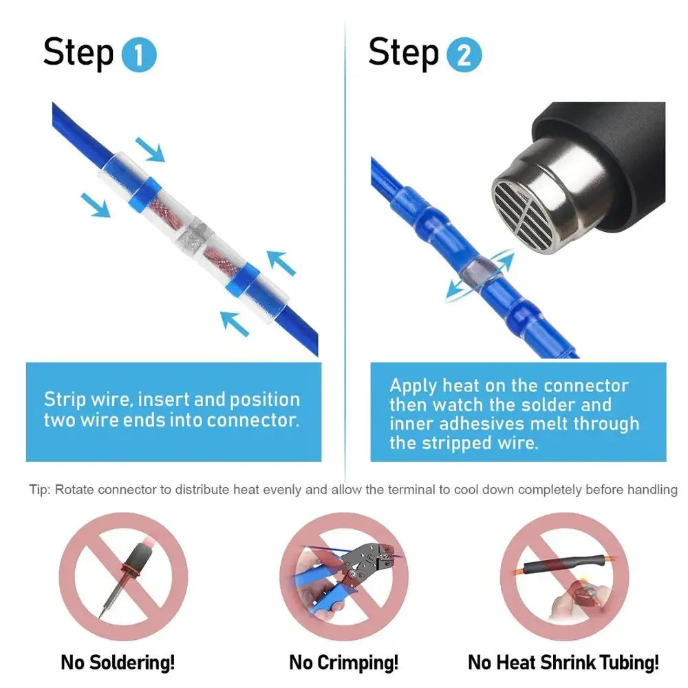 Two steps showing how to strip wire, insert it into a connector, and apply heat to solder the connection.