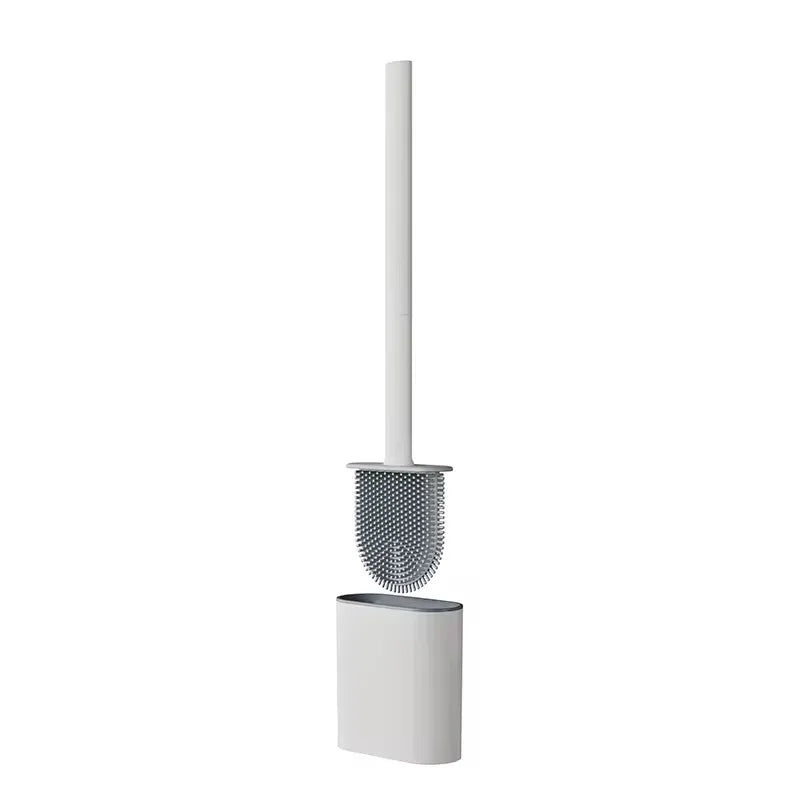A wall-mounted toilet brush set featuring a long handle and a silicone brush head.