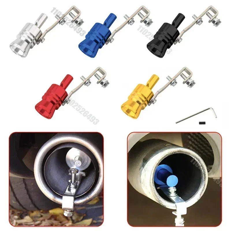 Various turbo sound whistles and exhaust pipe adapters in silver, blue, black, and red colors.