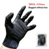 A black heavy-duty disposable nitrile glove with a diamond texture shown on a hand, packaged without a box.