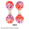 A pair of colorful baby rattle toys with soft teether beads, featuring pink and orange silicone grips.