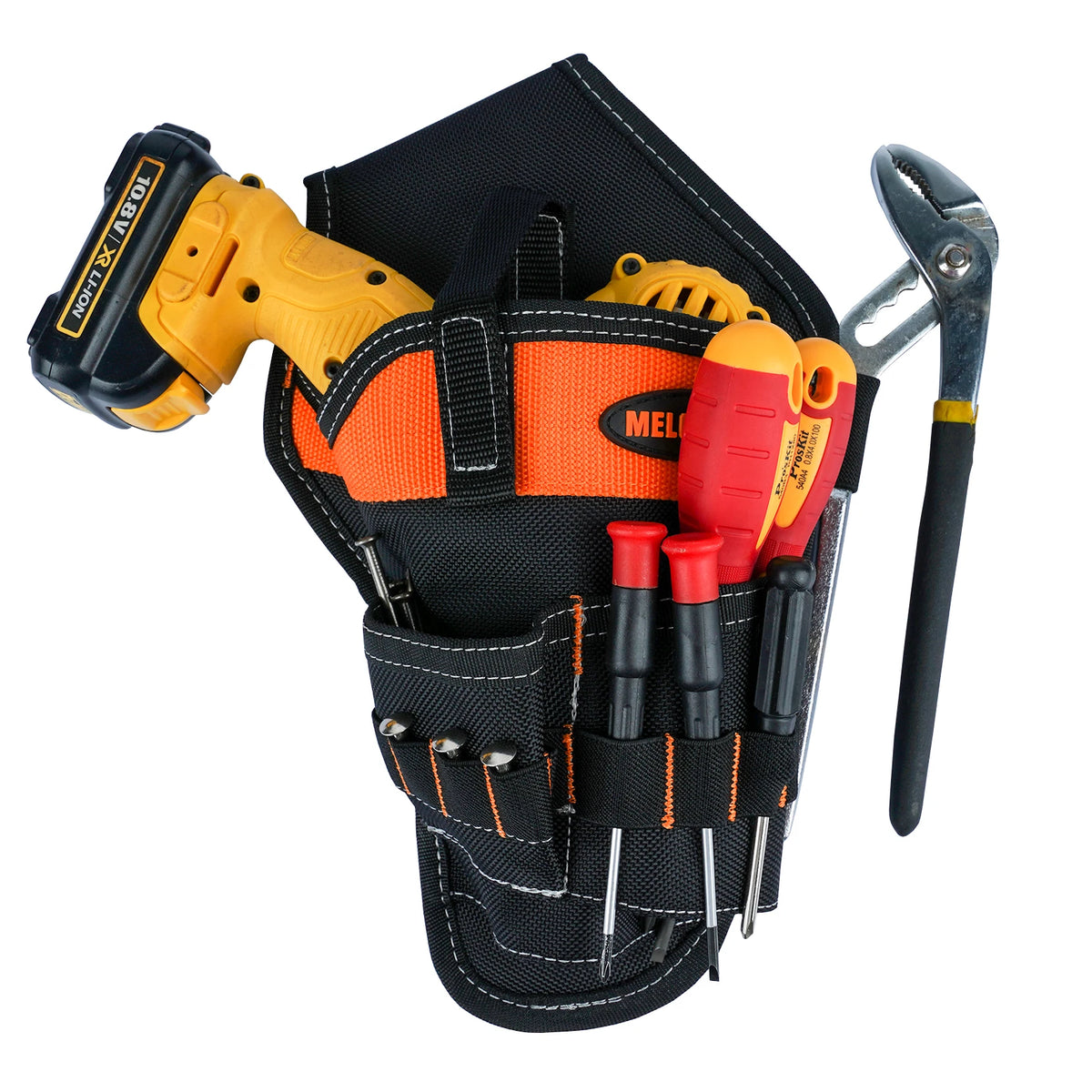 A black tool holster bag containing a yellow drill and a magnetic screw holder tool.