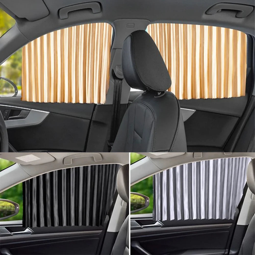 Primer plano de cortinas protectoras solares magnéticas para coche en colores beige y gris dentro de la cabina del vehículo.