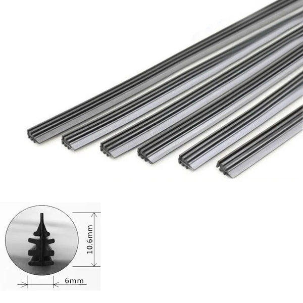 A close-up view of two metal wiper blade refills with a hexagonal tip and a 6mm width.