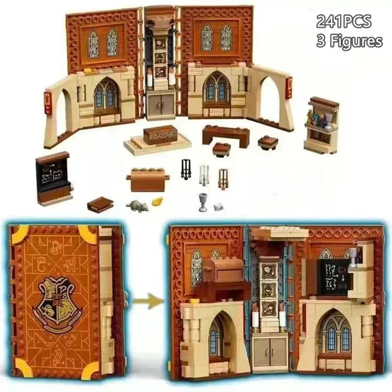 A set of magical book building blocks featuring three fantasy theme models and a large book structure.