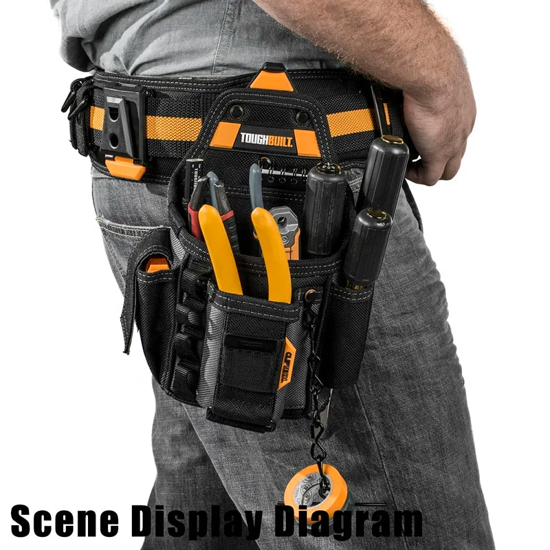 A black electrician tool pouch with an orange belt clip and various tools is shown attached to a person's gray pants.