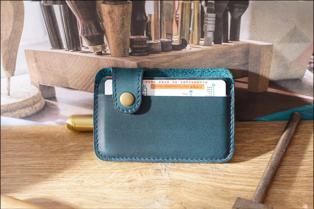 Vintage Leather Slim Card Holder with Snap Closure