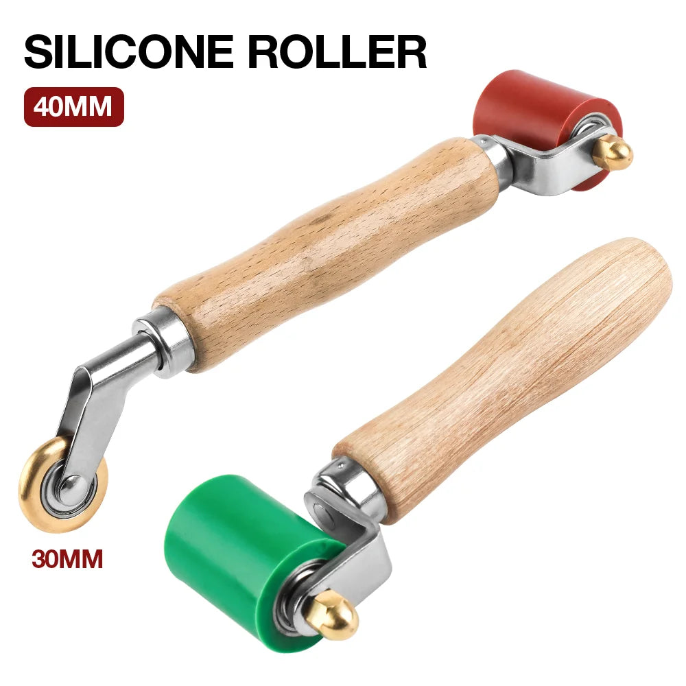 A silicone roller tool with a wooden handle and metal mechanism, showing both 40mm and 30mm sizes.