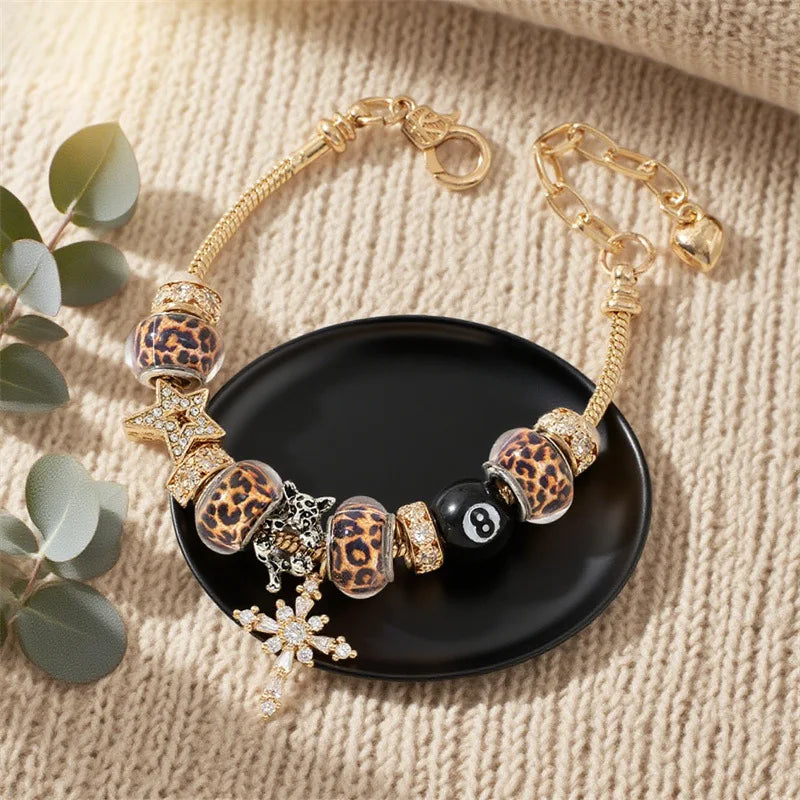 Leopard Cross & Black Beaded Bracelet with Sparkling Crystal Accents