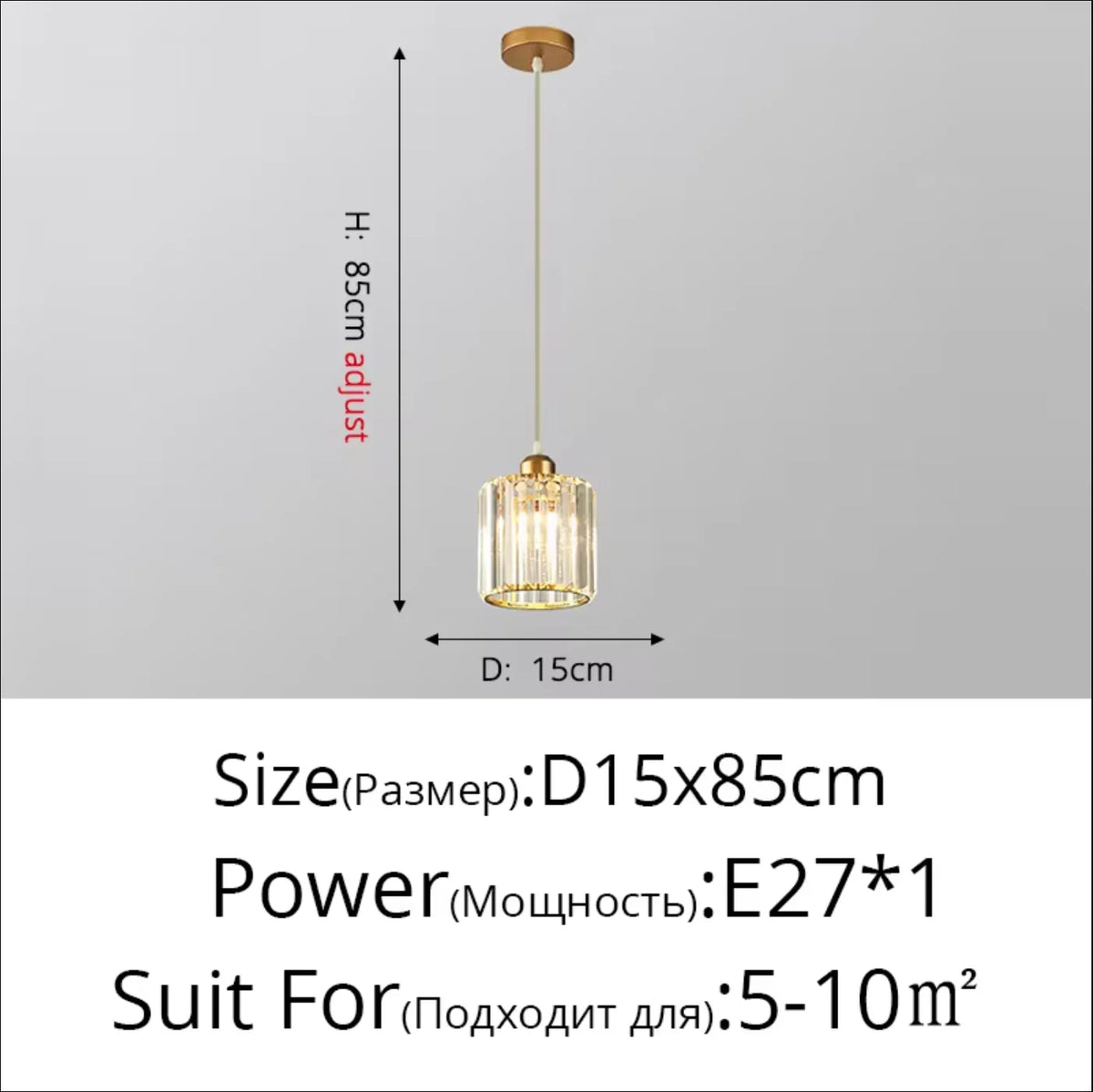 A crystal pendant light fixture with an iron frame suspended from the ceiling.