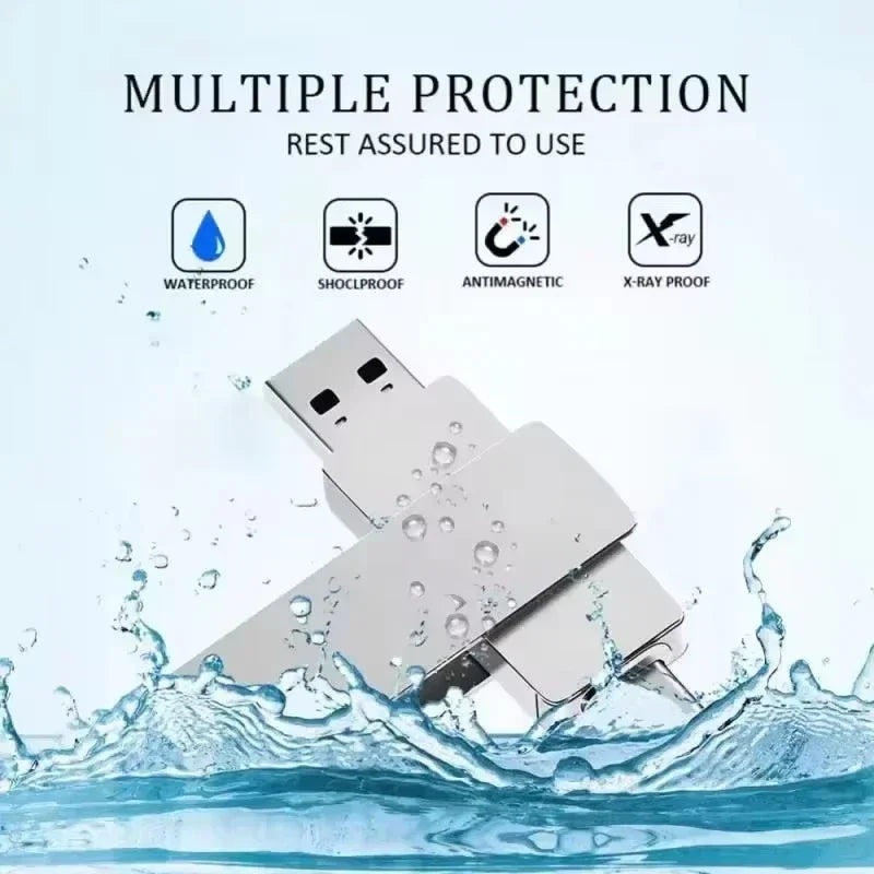 A silver USB 3.2 flash drive with a Type-C connector is shown being splashed by water.