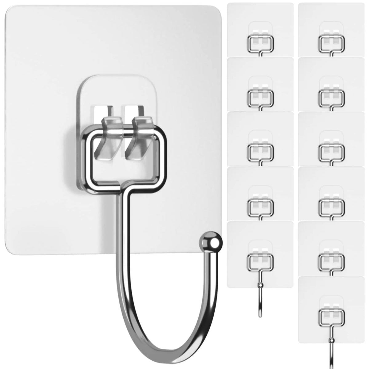 A set of heavy duty adhesive hooks with a flexible loop for bathroom and kitchen use.