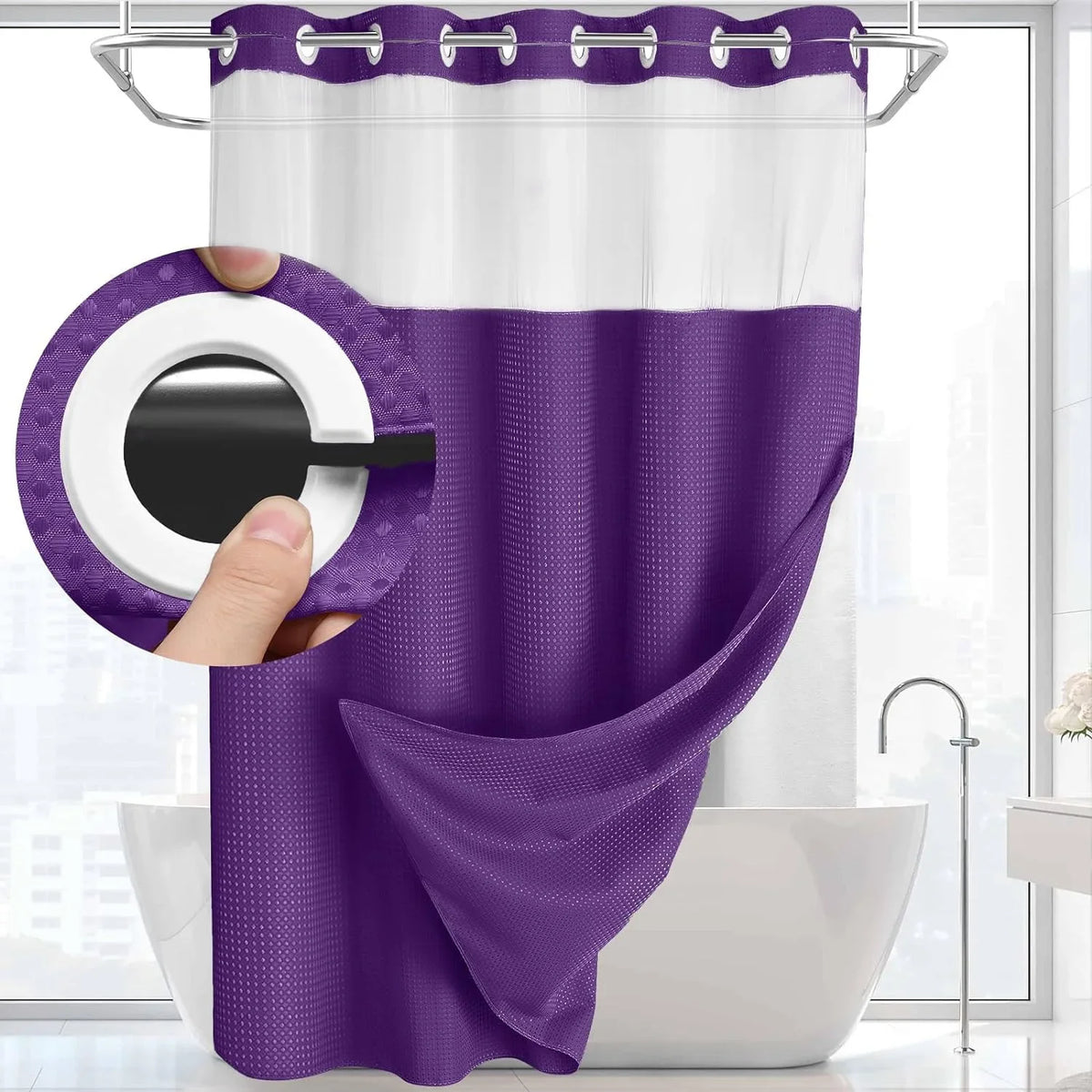 Double-Layer Waffle Shower Curtain with Built-in Snap Liner