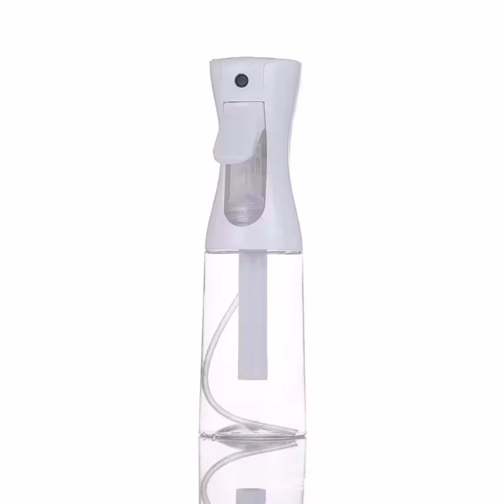 A clear, refillable mist spray bottle with a white top and a clear liquid inside.