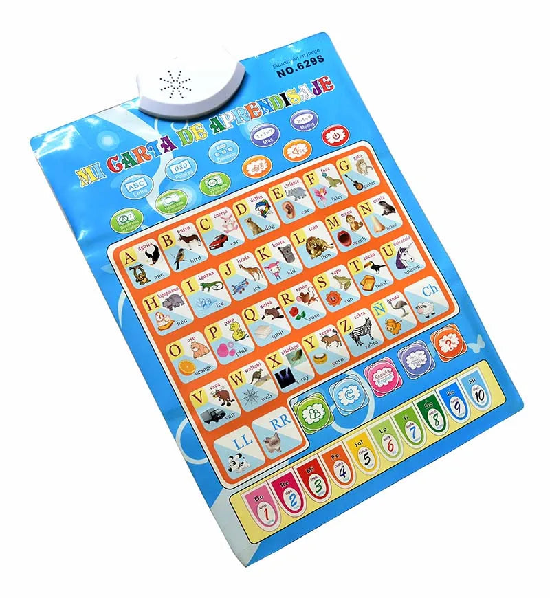 A colorful bilingual Spanish English interactive learning poster featuring an alphabet chart for toddlers.
