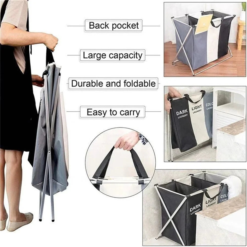A foldable laundry basket with handles and sorting compartments shown in various uses and features.