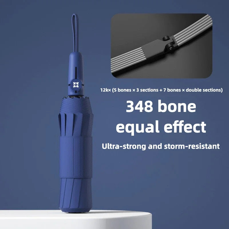 A blue storm-ready automatic folding umbrella with a telescopic shaft and a protective cover.