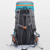 A gray waterproof hiking backpack with an orange accent strap and blue trim, shown from the back.