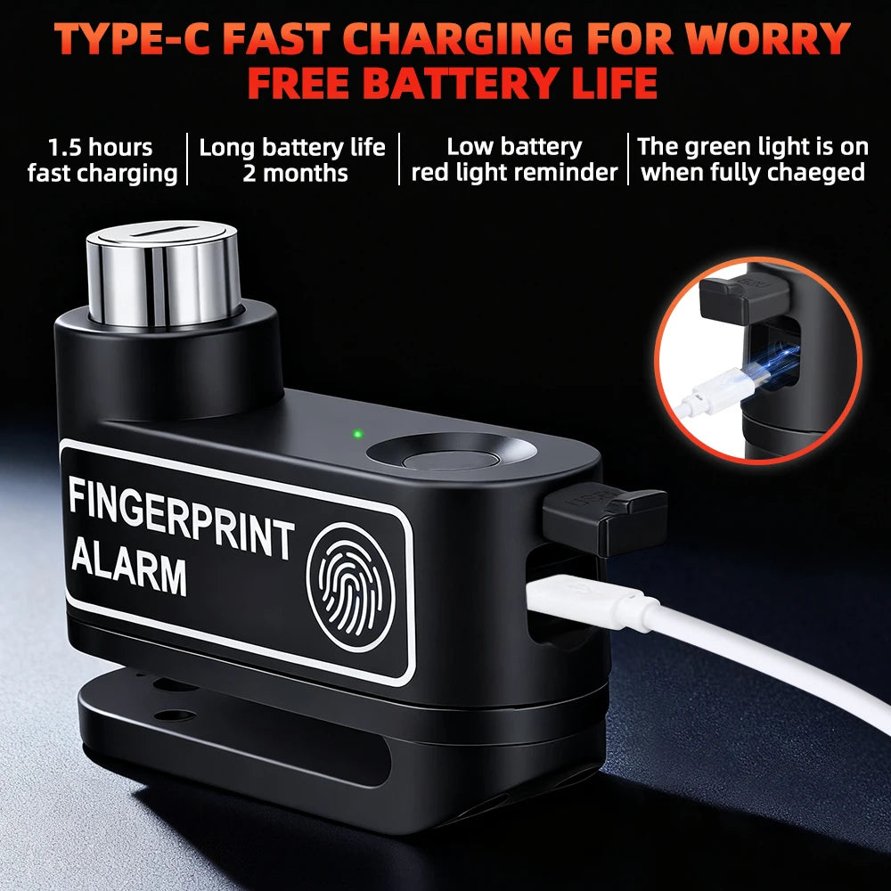 A black fingerprint alarm device for a disc brake lock is shown with a white cable.